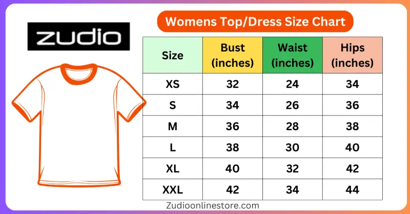 Women Top/t-shirt & Dress size chart of Zudio